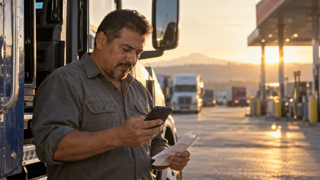 Camionero revisando sus recibos y su celular junto a su camión en una parada de camiones al amanecer
