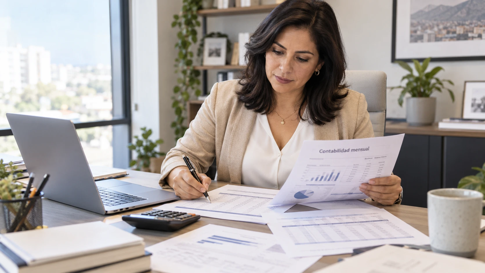 Contadora en español revisando reportes de contabilidad mensual en Coral Springs